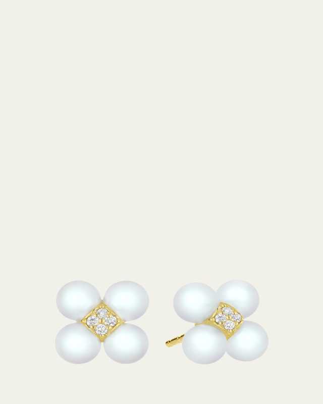 Yellow Gold Sequence Stud Earrings with Pearls and Diamonds